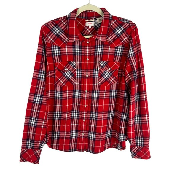 Levi's Plaid Flannel Shirt Women Large Red Classic Fit Pearl Snap Country‎ Rodeo - Picture 1 of 9